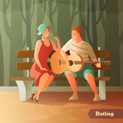 Romantic dinner dating couples flat composition with sweetheart characters sitting outdoors on wooden bench with guitar vector illustration