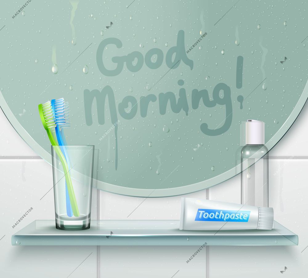 Bathroom misted mirror background with finger drawn text and glassy shelf with tooth brush and toothpaste vector illustration