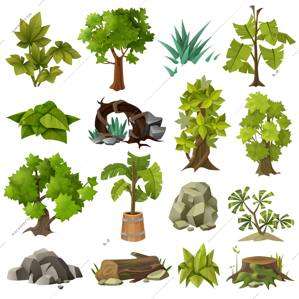 Green tropical exotic plants forest trees and modern landscape gardening design elements icons collection  isolated vector illustration