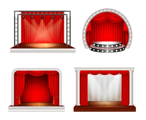 Realistic stages set with four images of empty space stage with red curtains and lighting equipment vector illustration