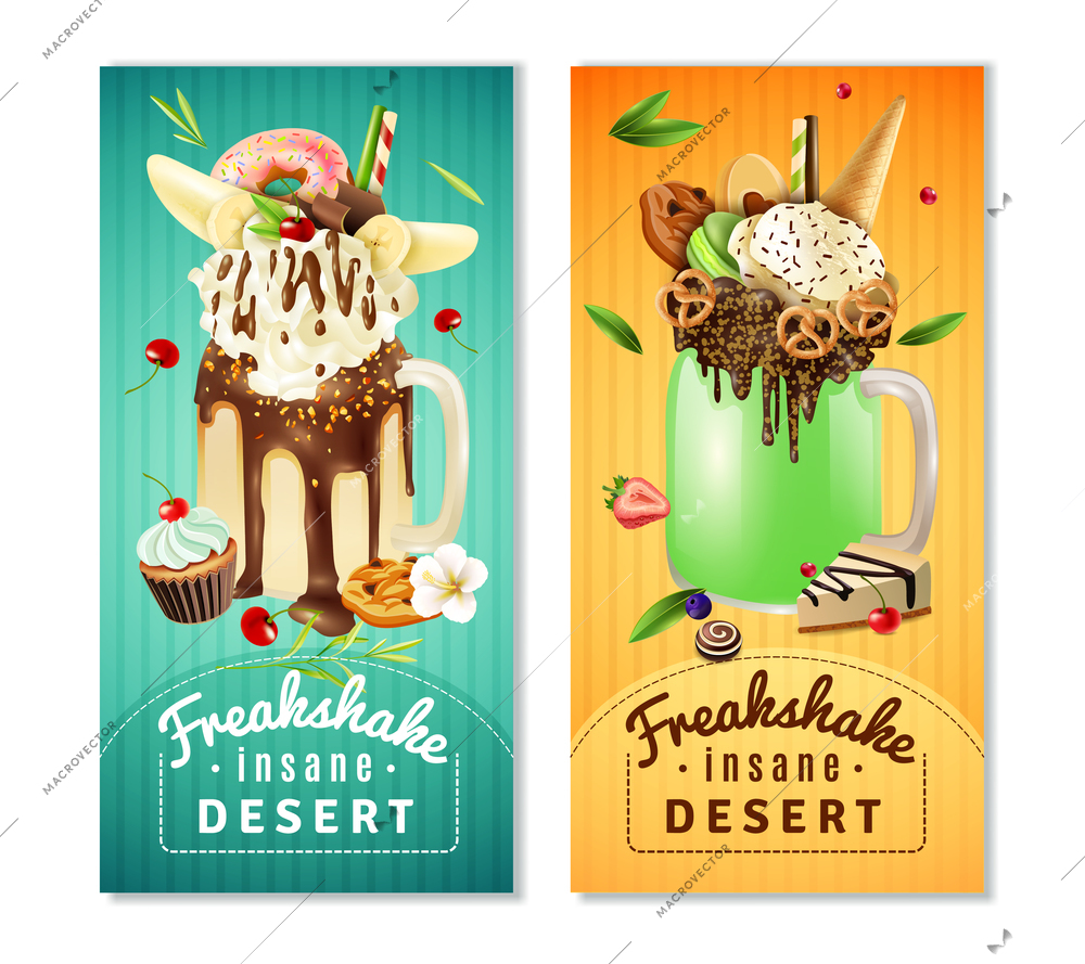 Extreme freakshake dessert 2 vertical cafe advertisement banners with milkshake topped with cream chocolate cake isolated vector illustration