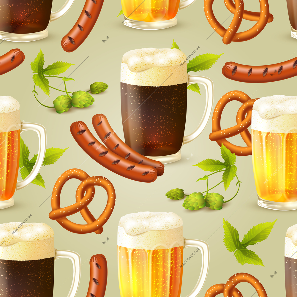 Glass mugs of lager and dark beer hop pretzel and sausage seamless pattern vector illustration