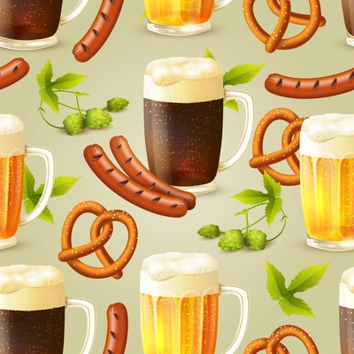 Glass mugs of lager and dark beer hop pretzel and sausage seamless pattern vector illustration