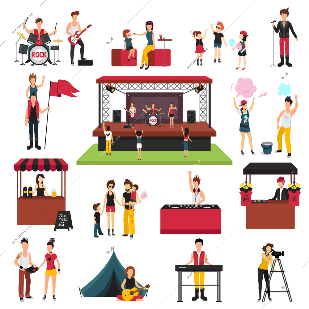 Open air festival isolated icons collection with human characters of fest visitors families musicians soda jerks vector illustration