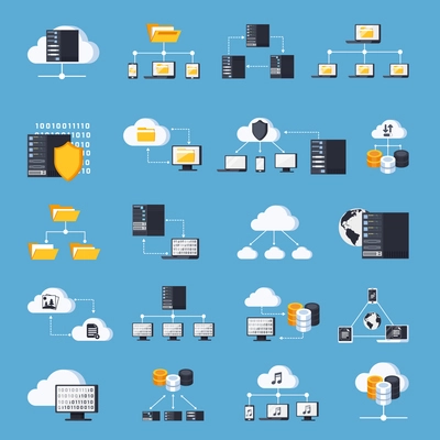 Hosting services icons set on blue background flat isolated vector illustration