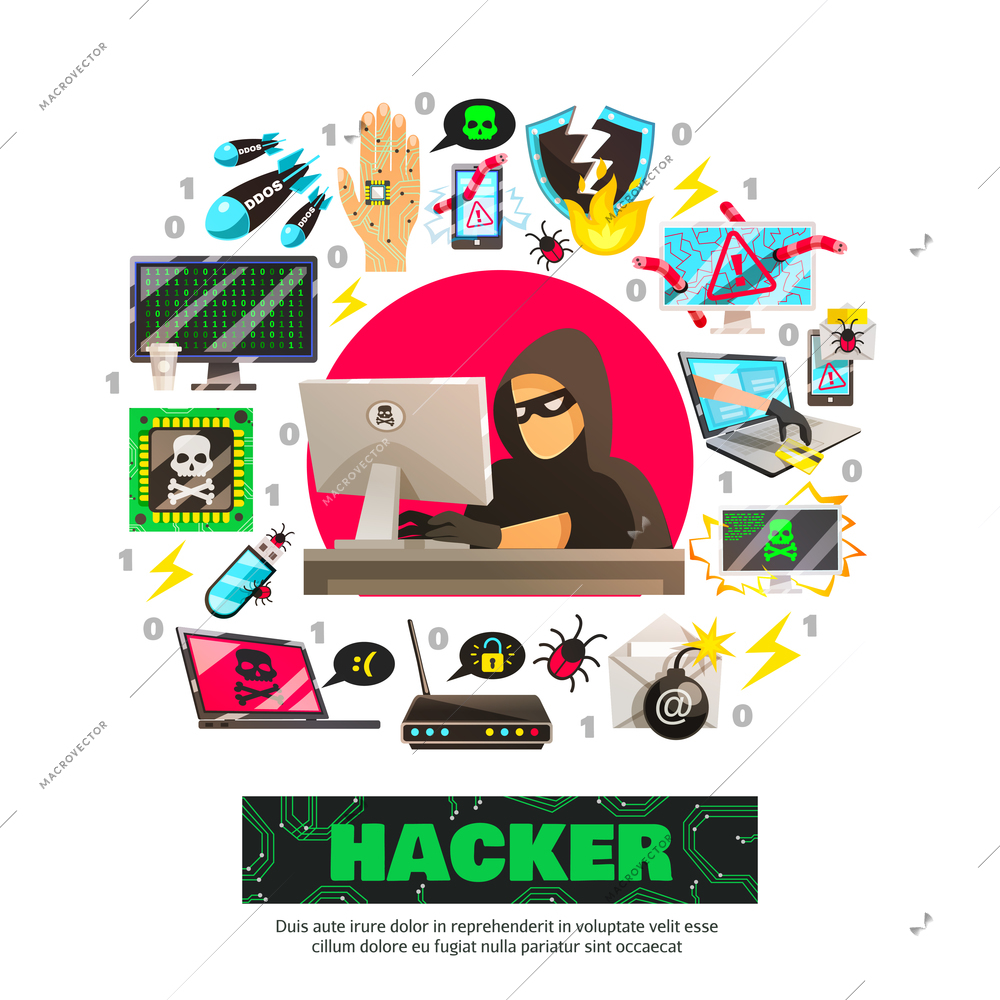 Hacker background with computer criminal character in front of computer with isolated network fraud pictogram icons vector illustration