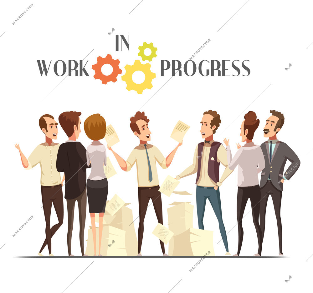 Work in progress concept with meeting and creative thinking symbols cartoon vector illustration