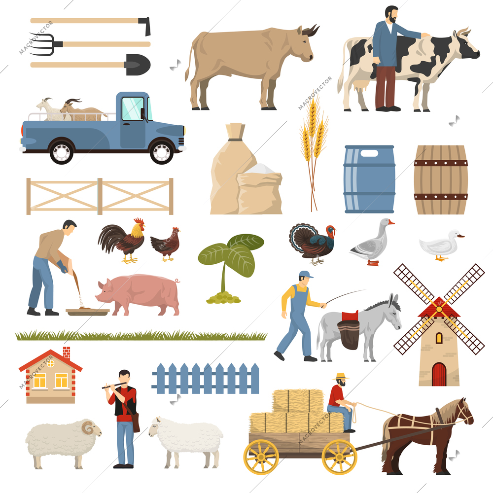 Farm set with flat isolated images of poultry animals gardening tools plants vehicles and human characters vector illustration