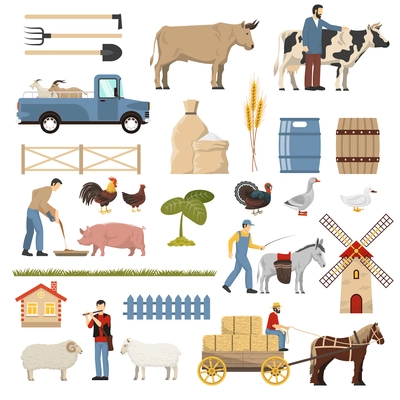 Farm set with flat isolated images of poultry animals gardening tools plants vehicles and human characters vector illustration
