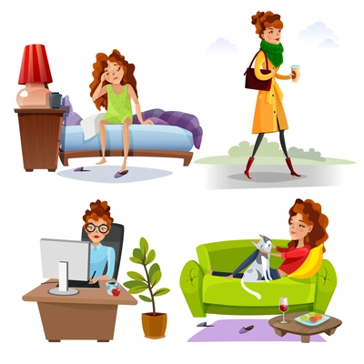 Working woman daily routine activities from waking up 4 cartoon style icons square comics isolated vector illustration