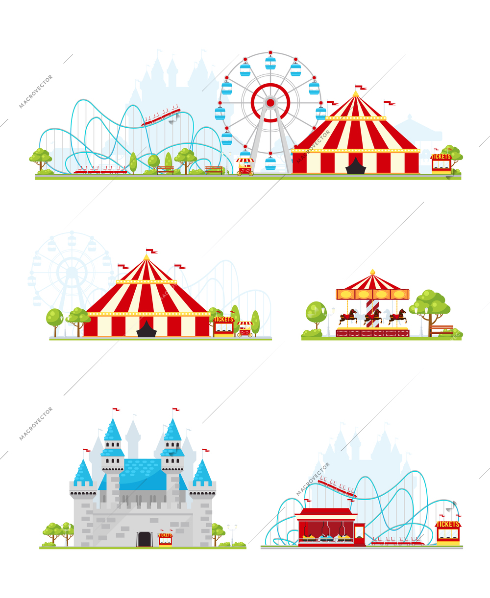 Colored and isolated amusement park banner or bookmark set on white background vector illustration