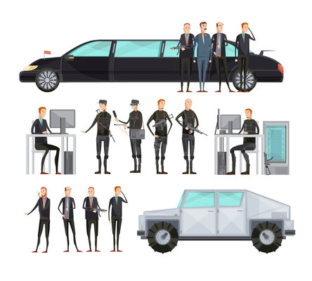 Colored flat intelligence agency flat composition set with employees who provide security vector illustration