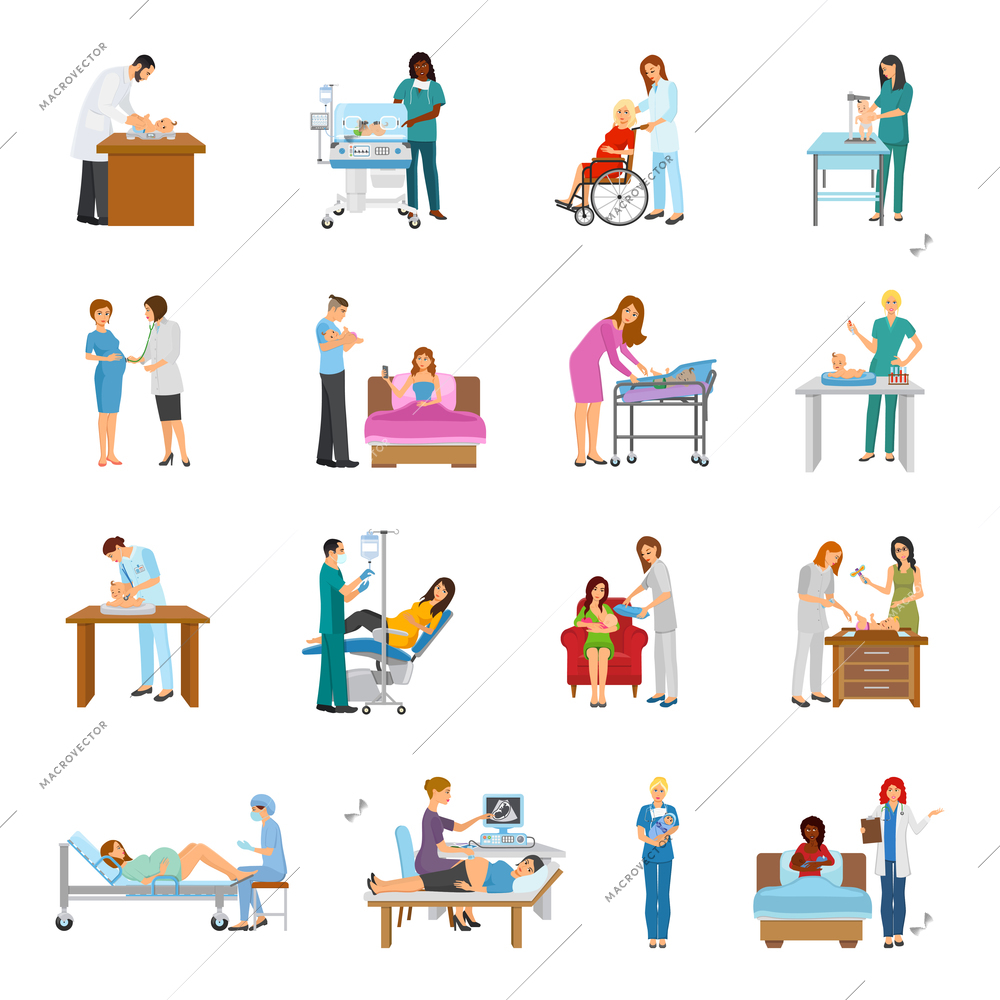 Maternity hospital newborn baby nursery birth attendant and pregnant women human characters collection of isolated images vector illustration