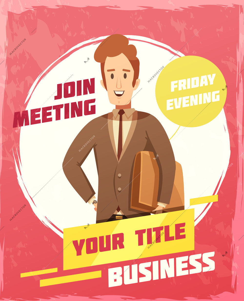 Business meeting poster with invitation and date symbols cartoon vector illustration