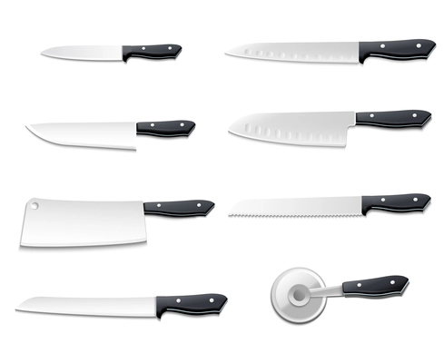 Isolated realistic knives icon set with sharp blades for pizza meat bread fish vector illustration
