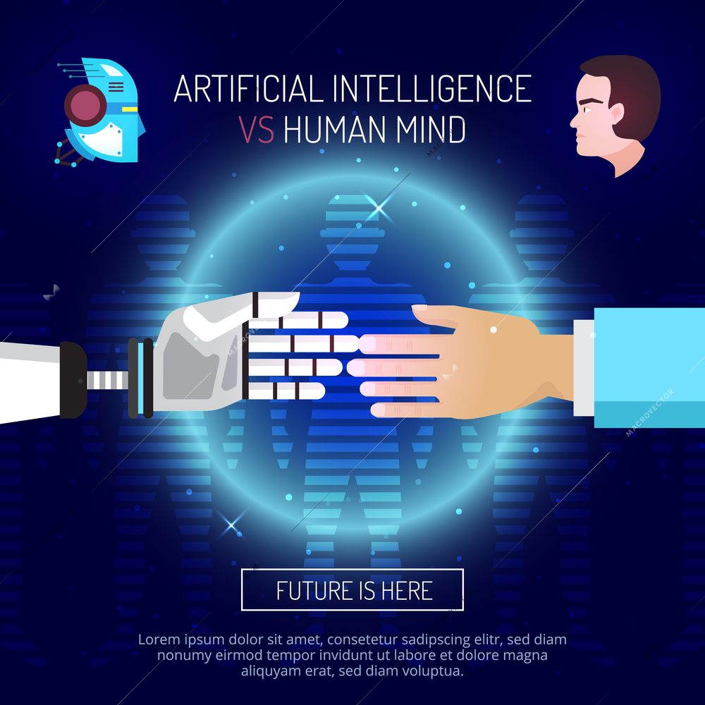 Artificial intelligence mind composition with robot and human hands stretched to each other with editable text vector illustration