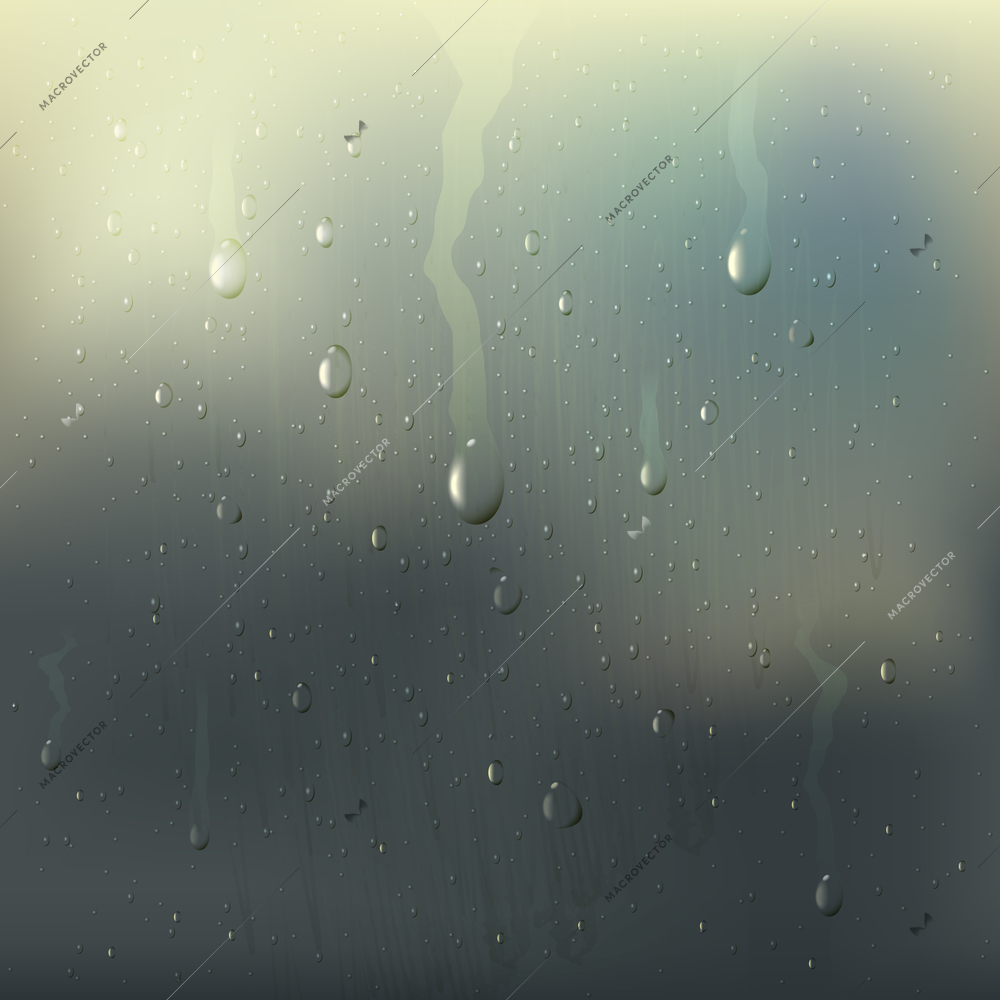 Colored misted wet glass drops realistic composition with rain stains on the window vector illustration