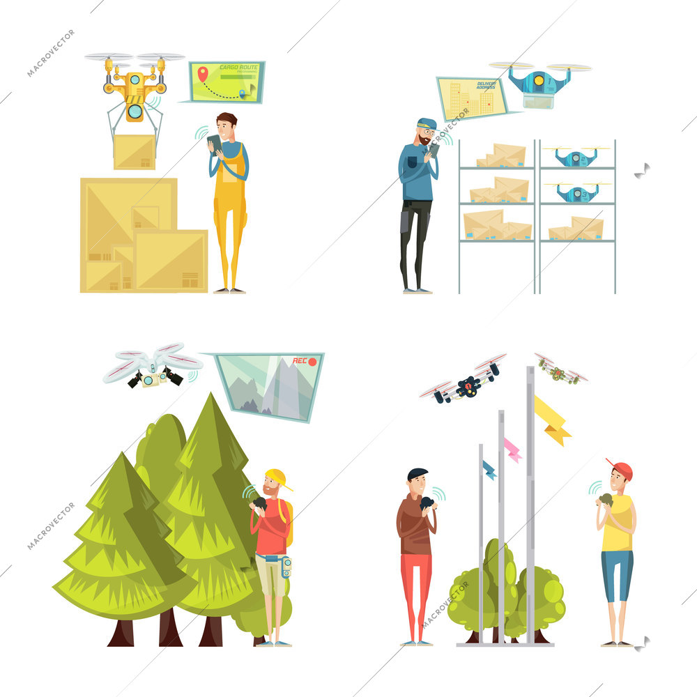 Using camera drones for talking photos and delivery 2x2 concept isolated on white background flat vector illustration