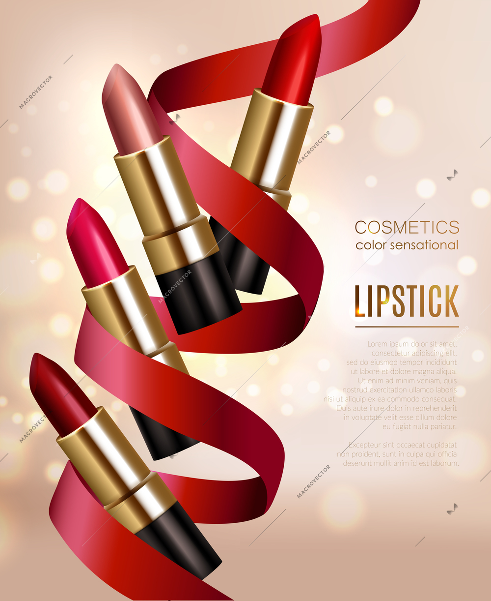 Lipstick assortment realistic background with ribbon and cosmetics symbols vector illustration