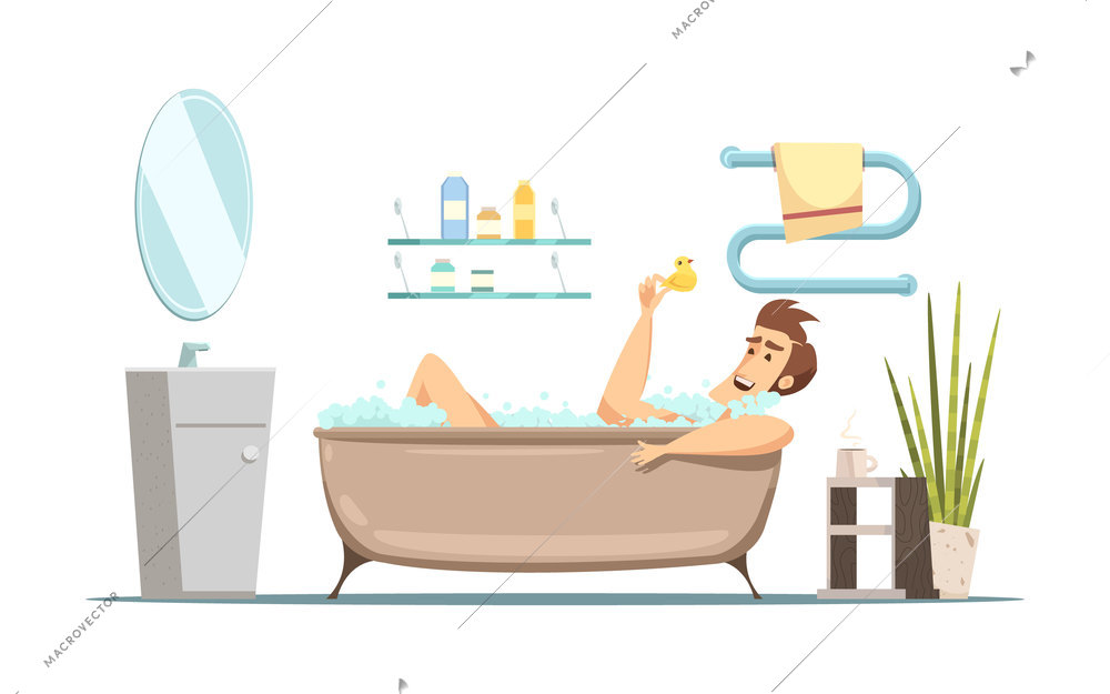 Retro cartoon composition in hygiene theme with man taking bath in bathroom flat vector illustration