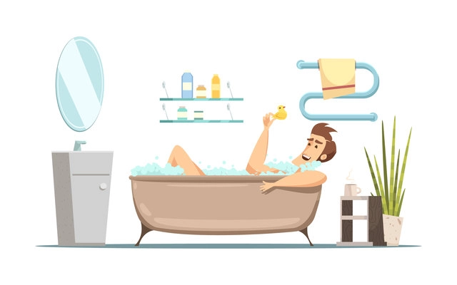 Retro cartoon composition in hygiene theme with man taking bath in bathroom flat vector illustration