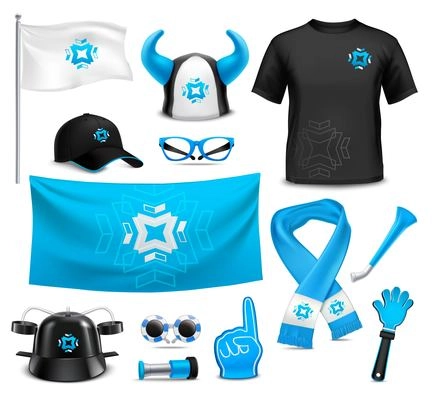 Sport club team supporters identity accessories realistic images collection with flag cap glasses waving hand vector illustration