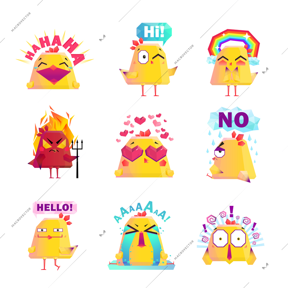 Funny chicken favorite cartoon character icons collection with happy love and smile images isolated vector illustration