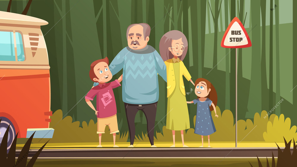 Family retro cartoon composition with grandparents and grandchildren waiting transport on bus stop outdoor flat vector illustration