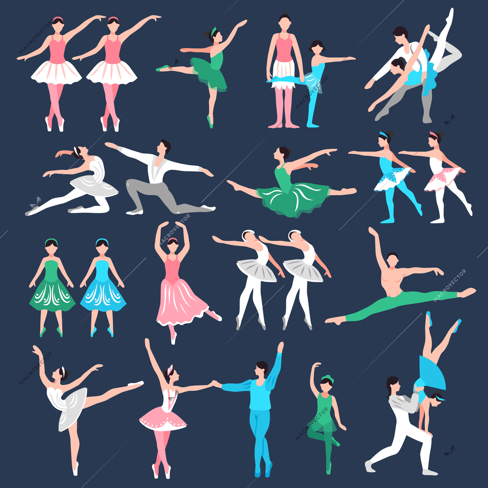 Set of ballet dancers in stage costume teacher and little ballerinas on black background isolated vector illustration