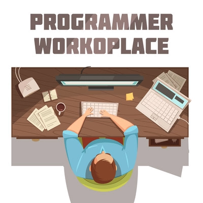 Programmer workplace cartoon concept with coffee papers and computer vector illustration