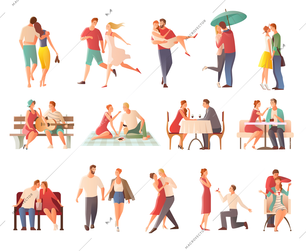 Romantic dinner dating couples flat isolated characters collection with lovers kissing going for walk giving gifts vector illustration