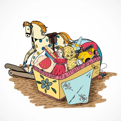 Old style kids toys sketch box with kite ball rocking horse doll vector illustration