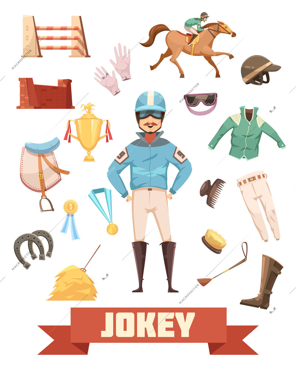 Jockey ammunition decorative icons retro collection with gloves comb boots saddle medals and prizes cartoon vector illustration