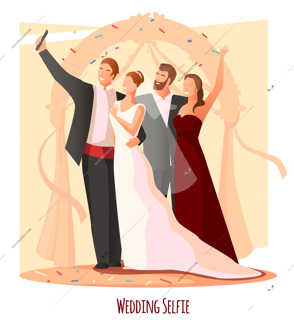 Selfie photo modern people lifestyle composition with newly wedded couple and their friends taking photograph of themselves vector illustration