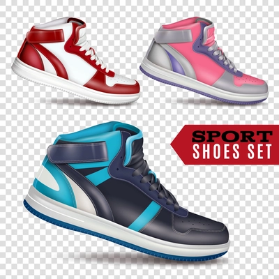 Collection of colored sport shoes on transparent background in realistic style for advertising in wholesale and retail trade isolated vector illustration