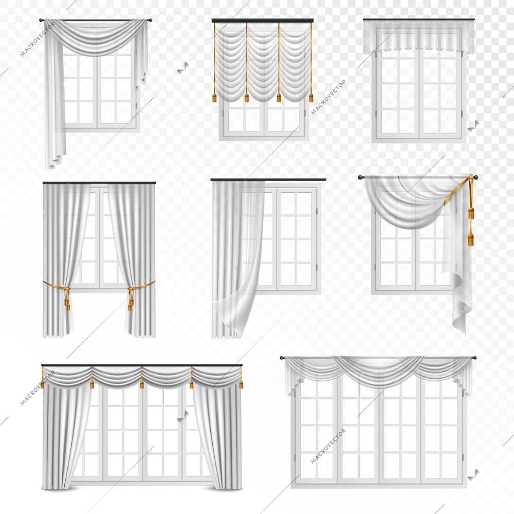 Collection of realistic windows with curtains in classic style eight flat isolated images on transparent background vector illustration