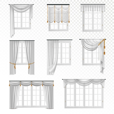 Collection of realistic windows with curtains in classic style eight flat isolated images on transparent background vector illustration