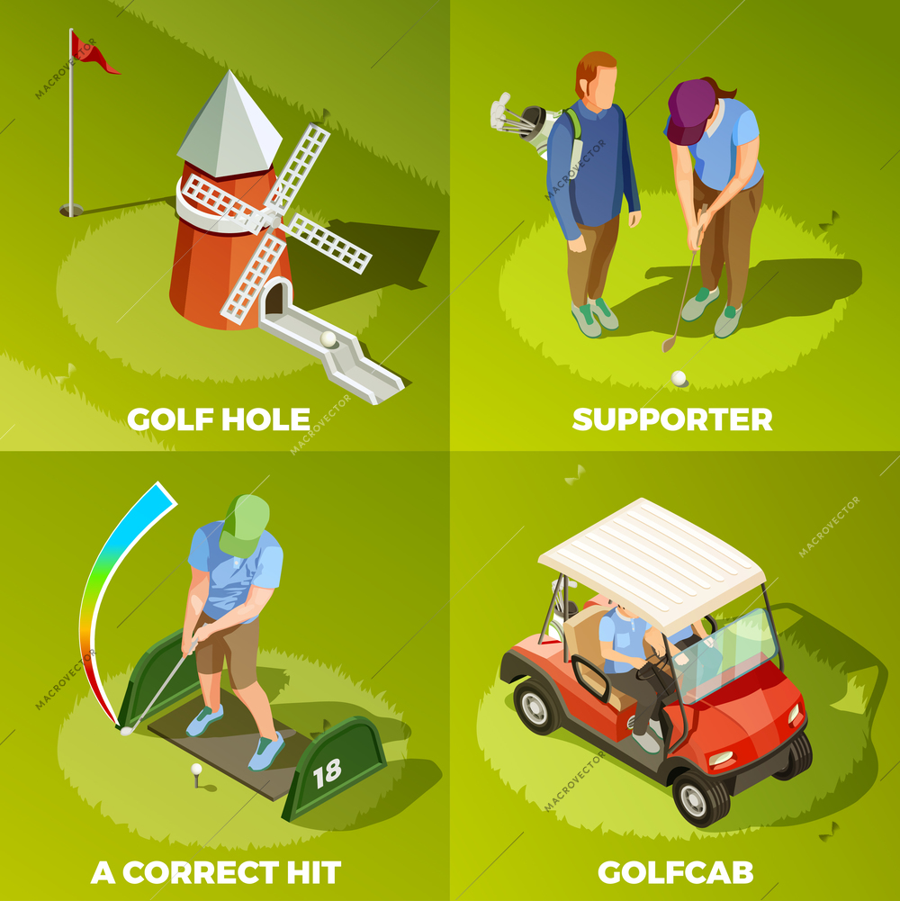 Golf 2x2 design concept with correct hit cabriolet supporter and golf hole isometric square compositions vector illustration