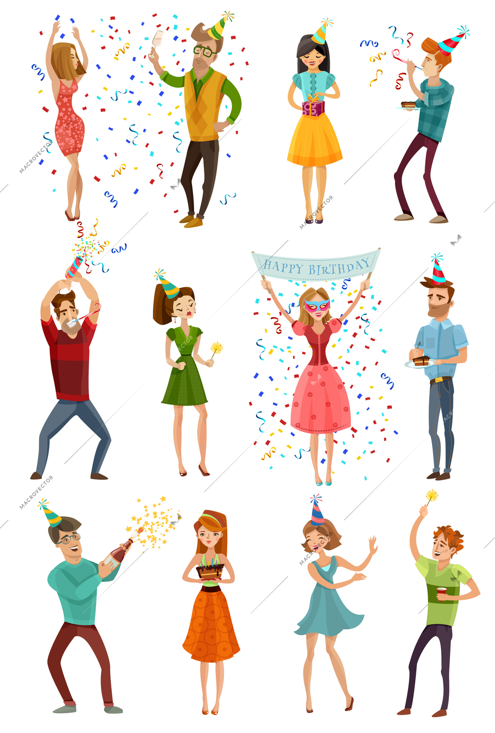 Birthday party celebrating people 12 figures collection in funny hats with colorful confetti streamers isolated vector illustration