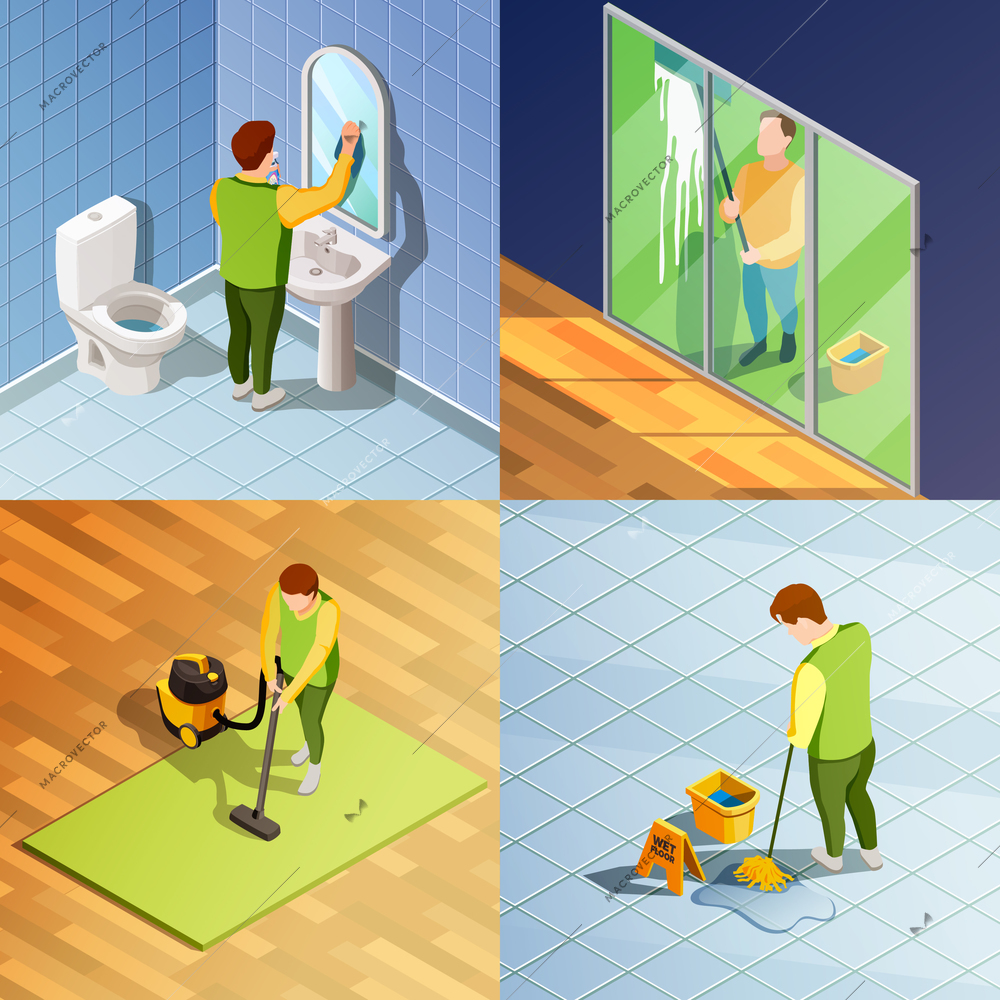 Cleaning 2x2 isometric design concept with people washing window floor and items of office space vector illustration