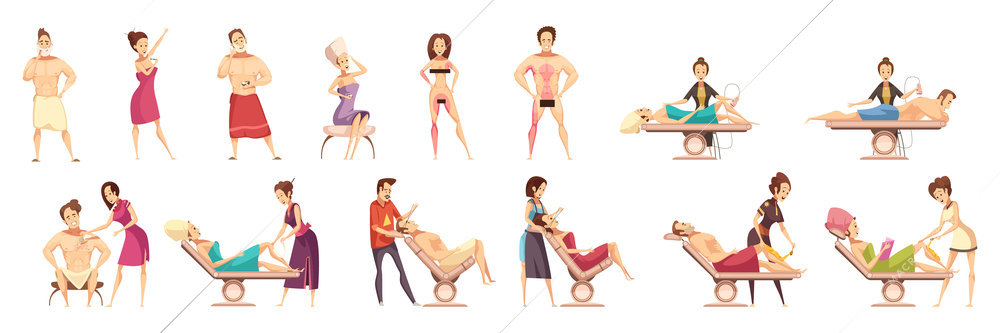 Colored and isolated hair removal depilation epilation icon set with professionals conduct hair removal session vector illustration