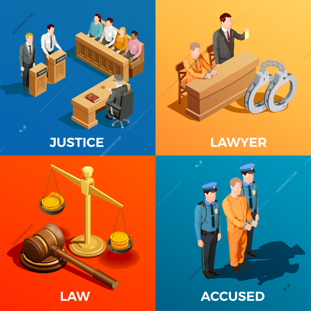 Law isometric design concept compositions of judge jury lawyer and accused human characters during legal trial vector illustration