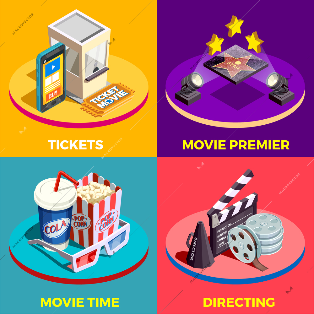 Cinema isometric design concept with compositions of movie industry elements light equpiment tickets food and drink vector illustration