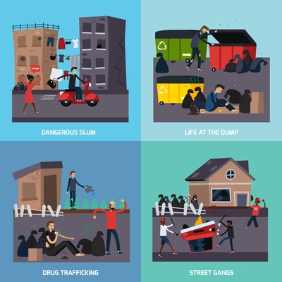 Four square flat ghetto slum icon set with dangerous slum street gangs drug trafficking descriptions vector illustration