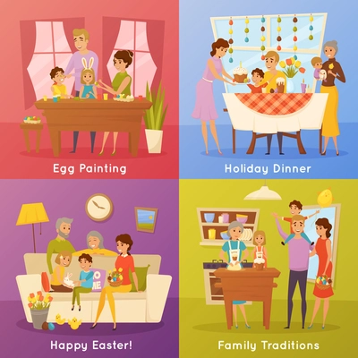 Family easter traditions 4 flat icons concept square composition with egg painting and dinner isolated vector illustrations