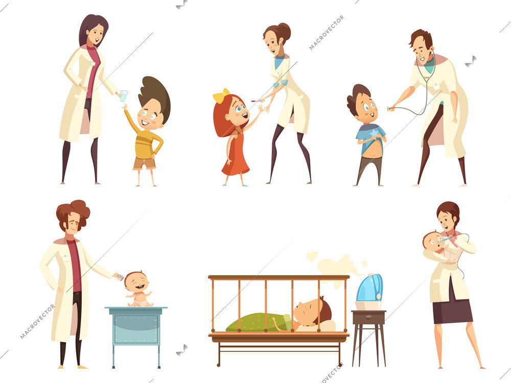 Ill babies children patients treatment in hospital retro cartoon situations icons set with nurses isolated vector illustration