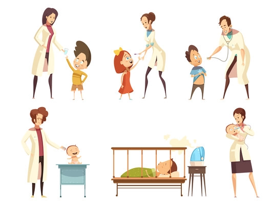 Ill babies children patients treatment in hospital retro cartoon situations icons set with nurses isolated vector illustration