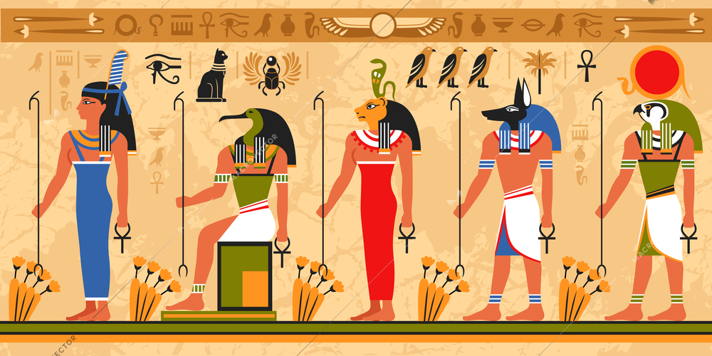 Colored border pattern on egypt theme with ancient egyptian deities and occult symbols flat vector illustration