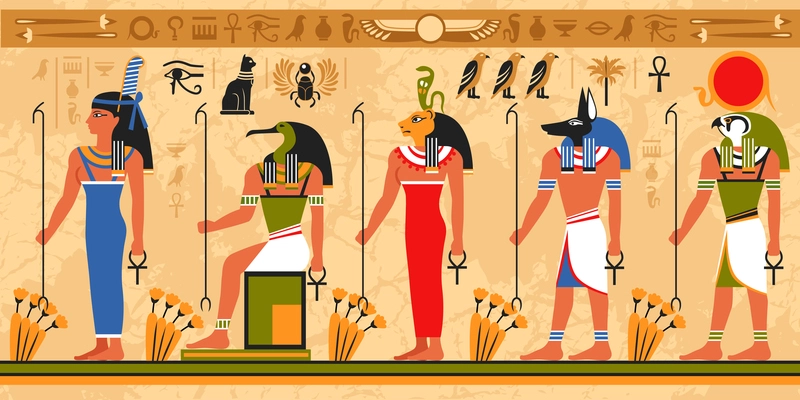 Colored border pattern on egypt theme with ancient egyptian deities and occult symbols flat vector illustration