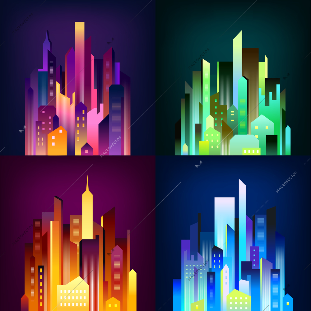 Night city downtown skyscrapers and business center edifices in colorful illumination lights 4 icons square poster vector illustration